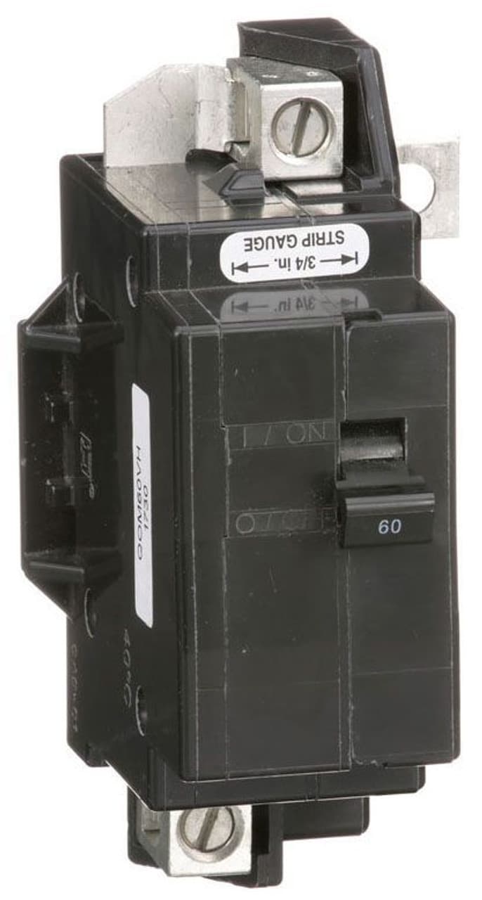 Schneider Electric QOM60VH Square D by Schneider Electric QOM60VH is a Miniature Circuit Breaker (MCB) designed for primary or main circuit protection. It features a bolt-on mounting mode and a bolt-on connection type, ensuring secure installation. This MCB is rated for a current of 60A and can accommodate a cable cross-section of 4-2/0AWG (1 cable Al/Cu), making it suitable for a variety of wiring needs. It operates at a rated voltage of 120V to 240V AC and is equipped with 2 poles. The QOM60VH has a short circuit breaking rating of 22kA at 240Vac and utilizes lugs for its terminal connections. QOM60VH on Powermatic Associates