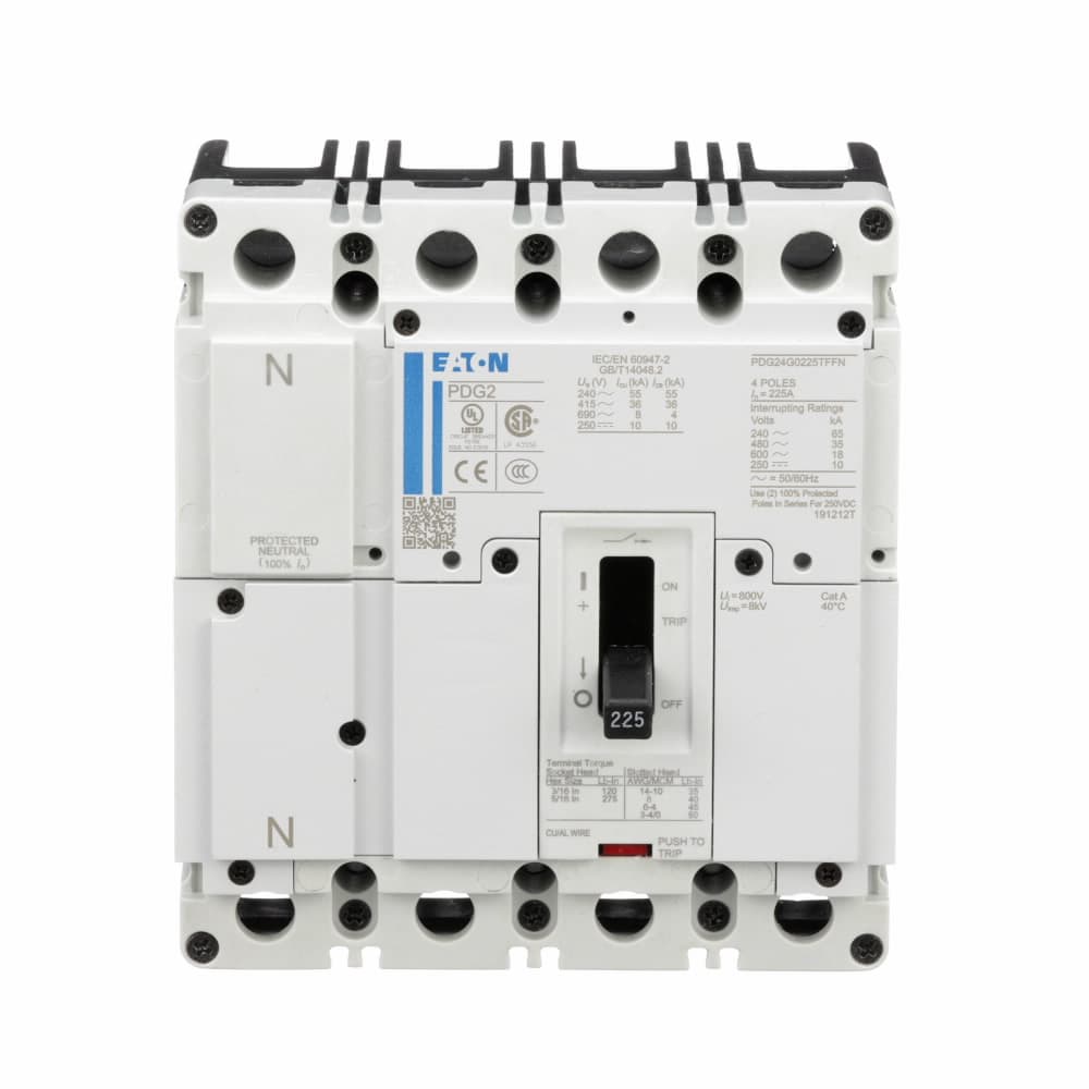 Eaton PDG24K0100TFFL Eaton Power Defense molded case circuit breaker, Globally Rated, Frame 2, Four Pole (100% N), 100A, 50kA/480V, T-M (Fxd-Fxd) TU, Standard Terminals Load Only (PDG2X4T100) PDG24K0100TFFL on Powermatic Associates