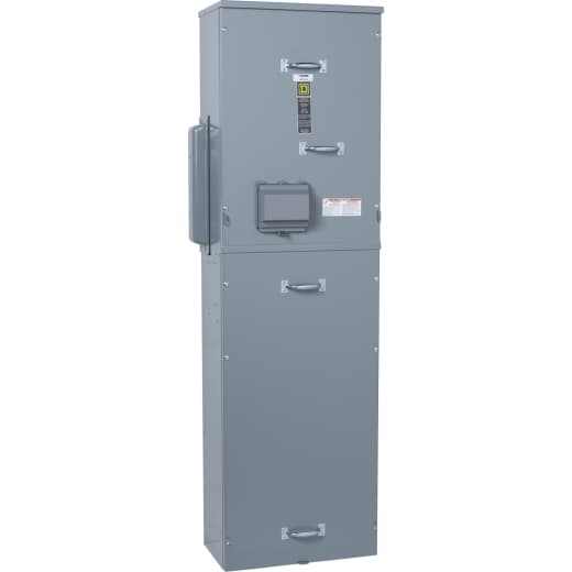 Schneider Electric EZM1400CBU Square D by Schneider Electric EZM1400CBU is a meter center main unit designed for surface mounting. It features a steel enclosure and an aluminium busbar, ensuring compatibility with indoor and rainproof environments as indicated by its NEMA 3R degree of protection. The dimensions of this unit are H1753mm x W520mm x D292mm (H69.03" x W20.46" x D11.5"). It operates at a rated voltage of 120Vac/240Vac and is suitable for a single-phase (1PH-3W) network. The EZM1400CBU is pre-equipped with an incoming breaker and supports a rated current of 400A for both the main and busbar. Connection is facilitated through 1 x Studs for both line and neutral, and it accommodates a cross-section of 1 x 6AWG to 300kcmil aluminium/copper lugs for the ground. EZM1400CBU on Powermatic Associates