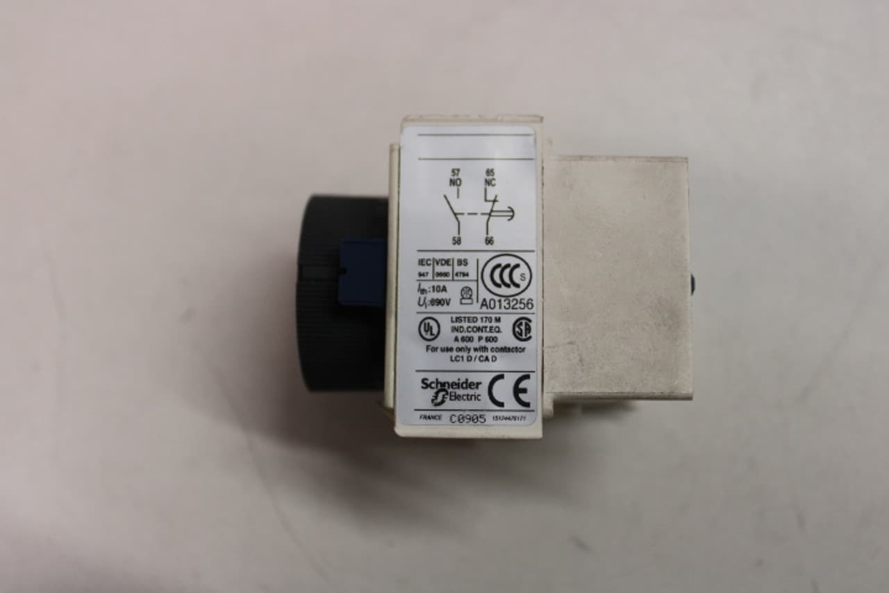 Schneider Electric LADR2 Schneider Electric LADR2 is an auxiliary contact within the Deca sub-range, designed to function as a time-delayed auxiliary contact block or switch block. It features screw connections for secure installation and is equipped with 2 poles. This part is designed for front clip-on mounting, simplifying the installation process. It includes 1 Normally Open (NO) auxiliary contact and 1 Normally Closed (NC) auxiliary contact. The LADR2 offers a time delay range of 0.1 to 30 seconds for the OFF-delay function, allowing for customizable operation based on specific application requirements. LADR2 on Powermatic Associates