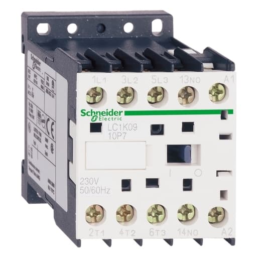 Schneider Electric LC1K0910V7 Schneider Electric LC1K0910V7 is a magnetic contactor within the K sub-range, featuring screw connections and three poles (3P; 3NO). It has a rated current of 20A under AC-1 conditions and 9A at 440Vac under AC-3 conditions. The net width of the contactor is 45 mm, and it offers a degree of protection rated at IP20. The control voltage (AC) ranges from 320-460Vac (400Vac nominal; 50Hz/60Hz; 0.8...1.15 x Uc), with a rated operating voltage (Ue) of 690 V. This contactor includes 1 Normally Open (NO) auxiliary contact but does not include Normally Closed (NC) auxiliary contacts. The rated impulse voltage (Uimp) is 8 kV. It supports rated active power (kW) of 2.2kW at 220-230Vac, 4kW at 380-415Vac, 4kW at 440Vac, 4kW at 500Vac, and 4kW at 660-690Vac, all under AC-3 conditions. The mechanical durability of the contactor is rated at 10 million operations at no load, with a phase-to-phase rated voltage (AC) of 690 V. LC1K0910V7 on Powermatic Associates