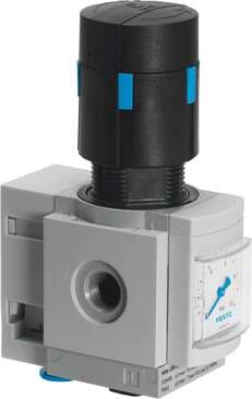 Festo 531788 pressure regulator MS4N-LRB-1/4-D6-AS-BI For manifold assembly, angled outlet block with QS push-in connector, 7 bar maximum output pressure, with pressure gauge, P2 connection at rear. Size: 4, Series: MS, Actuator lock: (* Rotary knob with lock, * with 531788 on Powermatic Associates