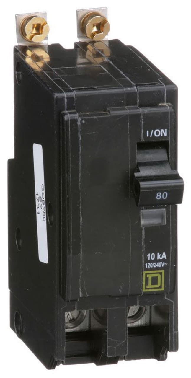 Schneider Electric QOB280 Square D by Schneider Electric QOB280 is a Miniature Circuit Breaker (MCB) designed for bolt-on mounting. It features a rated current of 80A and accommodates a bolt-on connection type. This MCB operates at a rated voltage of 120V to 240V AC and is compatible with a cross-section of 4-2/0AWG (1 cable Al/Cu). It is a 2 Pole circuit breaker with a short circuit breaking rating of 10kA at 240Vac and 5kA at 48Vdc. The QOB280 is equipped with box lugs type of terminals. QOB280 on Powermatic Associates