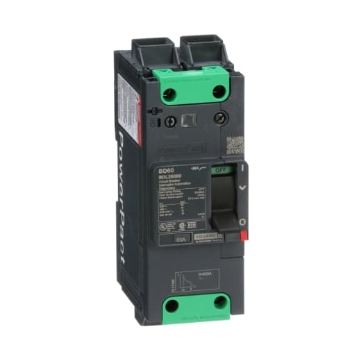 Schneider Electric BDL26060 Square D by Schneider Electric BDL26060 is a Moulded Case Circuit Breaker (MCCB) within the PowerPacT BDL sub-range, featuring a PowerPact B-Frame 100 TMD 2P 60A design for 600Y/347Vac with a 14kA breaking capacity and 80% rated Everlink (Creep compensating) lugs on both line and load sides. It has a rated impulse voltage (Uimp) of 8 kV, connection type of Everlink lugs, and offers a degree of protection of IP40. The rated current is 60A, with a rated voltage (AC) of 600Vac 600Y/347Vac. It boasts a mechanical durability of 20000 operations at no load and can be mounted on a DIN rail or as an individual unit on a plate. This 2-pole (2P) circuit breaker has dimensions of 137 mm in height, 80 mm in depth, and 54 mm in width. It falls under utilisation category A and features over-current protection fixed at 60A, short-circuit hold current fixed at 640A, and short-circuit trip current fixed at 960A. The rated voltage (DC) is 250Vdc, with a rated insulation voltage (Ui) of 800 V, and a rated operating voltage (Ue) of 525 V. Protection functions include thermal protection for overload and magnetic protection for short-circuit, with a trip current rating of 60 AT. Its electrical durability with load is rated for 10000 operations at 440Vac; In, and it has a frame current rating of 100 AF. The operating mode is manual toggle, and it has a short circuit breaking rating of 25kA at 240Vac, 18kA at 480Vac and 480Y/277Vac, 14kA at 600Y/347Vac according to UL489, and 10kA at 250Vdc. The trip unit type is thermal-magnetic (fixed) with no display. BDL26060 on Powermatic Associates