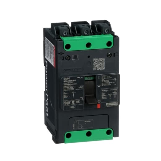 Schneider Electric BDL36080LU Square D by Schneider Electric BDL36080LU is a Moulded Case Circuit Breaker (MCCB) within the PowerPacT BDL sub-range. It features a PowerPact B-Frame 100 TMD design with 3 poles (3P) and a rated current of 80A. This MCCB operates at a rated voltage of 600Vac 600Y/347Vac, with a rated impulse voltage (Uimp) of 8 kV and a rated insulation voltage (Ui) of 800 V. It is equipped with Everlink (Creep compensating) lugs on both line and load sides and a Control Wire terminal (CWT) on the line side only, offering a degree of protection of IP40. The connection type supports a fixed mounting on DIN rail or individual unit mount on plate. It has a mechanical durability of 20,000 operations at no load and an electrical durability of 10,000 operations with load at 440Vac. The MCCB's protection settings include over-current fixed at 80A, short-circuit hold current fixed at 800A, and short-circuit trip current fixed at 1200A. Its protection functions cover thermal protection (Overload) and magnetic protection (Short-circuit), with a trip current rating of 80 AT and a frame current rating of 100 AF. The operating mode is manual toggle, and the trip unit type is Thermal-Magnetic (fixed) without a display. The short circuit breaking rating varies with voltage, achieving 25kA at 240Vac, 18kA at 480Vac and 480Y/277Vac, and 14kA at 600Y/347Vac under UL489 standards, with a 10kA rating at 250Vdc. The dimensions are 137 mm in height, 80 mm in depth, and 81 mm in width, and it is classified under utilisation category A. BDL36080LU on Powermatic Associates
