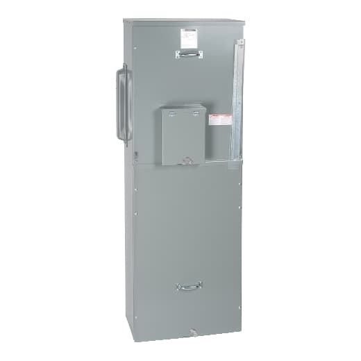 Schneider Electric EZM11200GCBUMS Square D by Schneider Electric EZM11200GCBUMS is a meter center main unit designed for wall mounting. It features a steel enclosure and aluminium busbar, ensuring compatibility with indoor and rainproof environments as indicated by its NEMA 3R protection degree. The dimensions of this unit are H1659mm x W602mm x D346mm (H65.31" x W23.7" x D13.62"). It operates at a rated voltage of 120Vac/240Vac and supports a single-phase (1PH-3W) network. The EZM11200GCBUMS is pre-equipped with an incoming breaker and an Energy Reduction Maintenance Switch (ERMS), facilitating its main function as an indoor/rainproof metering center main unit. It has a rated current of 1200A for both the main and busbar. For connections, it accommodates 1 x 6AWG to 300kcmil aluminium/copper lugs for ground and 4 x 3/0AWG to 500kcmil aluminium/copper lugs for phase and neutral. EZM11200GCBUMS on Powermatic Associates