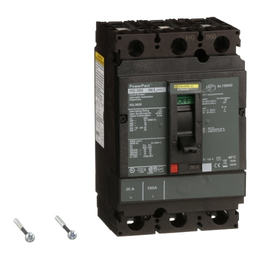 Schneider Electric HGL36020 Square D by Schneider Electric HGL36020 is a Moulded Case Circuit Breaker (MCCB) within the PowerPacT HGL sub-range. It features a PowerPact H-Frame 150 TMD design with 3 poles (3P) and a rated current of 20A. This breaker is designed for 600Vac/500Vdc with a thermal protection for overload and magnetic protection for short-circuit, ensuring operation within its rated insulation voltage of 750 V and a rated voltage of 600Vac 600Y/347Vac. It supports a mounting mode of individual unit mount on plate, with dimensions of 163 mm in height, 104 mm in width, and 86 mm in depth. The connection type includes lugs on both load and line sides, and it operates with a toggle (manual) mechanism. The degree of protection is IP40. Protection settings are over-current fixed at 20A, short-circuit hold current fixed at 350A, and short-circuit trip current fixed at 750A. The rated operating voltage (Ue) is 690 V, with a rated impulse voltage (Uimp) of 8 kV. The trip current rating is 20 AT, with a frame current rating of 150 AF. It has a short circuit breaking rating of 65kA at 240Vac, 35kA at 480Vac and 480Y/277Vac, 18kA at 600Vac and 600Y/347Vac, and 20kA at 250Vdc and 500Vdc, all according to UL489. The trip unit type is thermal-magnetic (fixed) with no display, and it falls under utilisation category A. HGL36020 on Powermatic Associates
