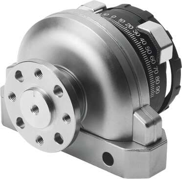 Festo 33296 semi-rotary drive DSRL-10-180-P-FW Rotary vane principle, infinitely adjustable swivel angle. The stop system is separate from the rotary vane so that any forces which occur are absorbed by the stop cams and cushioned via flexible plastic pads. Size: 10, 33296 on Powermatic Associates