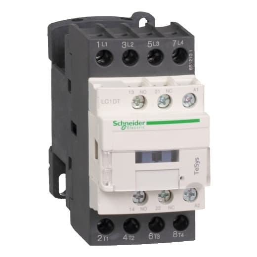 Schneider Electric LC1DT256M7 Schneider Electric LC1DT256M7 is a magnetic contactor from the Deca sub-range, designed with ring-lugs connections and equipped with 4 poles (4NO) for circuit control. It has a rated current of 25A (AC-1) and is suitable for DIN rail mounting. The contactor's dimensions are 45 mm in width, and it offers a degree of protection rated at IP20. The control voltage for AC ranges between 176-242Vac at 50Hz and 187-242Vac at 60Hz, with a nominal voltage of 220Vac. It includes 1 Normally Open (NO) and 1 Normally Closed (NC) auxiliary contacts, both of the instantaneous type (1NO+1NC). The LC1DT256M7 is capable of withstanding a rated impulse voltage (Uimp) of 6 kV and has a mechanical durability of 15,000,000 operations at no load. The rated voltage for phase-to-phase connections is up to 690 V AC. LC1DT256M7 on Powermatic Associates