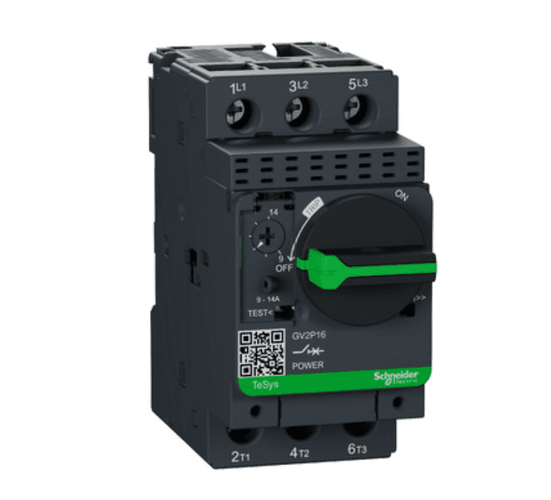 Schneider Electric GV2P16 Schneider Electric GV2P16 is a Motor Protection Circuit Breaker (MPCB) within the GV2P sub-range, designed for thermal-magnetic motor protection and manual motor starting. It features 3 poles and offers protection functions against short-circuit and thermal overload. The rated current range is 9 - 14 A, with a rated insulation voltage (Ui) of 690 V. This MPCB is designed for DIN rail or mounting plate installation, with a net width of 45 mm. Operation is facilitated through a rotary knob, with protection settings for short-circuit pickup current fixed at 170A. The rated impulse voltage (Uimp) stands at 6 kV, and it supports rated active power of 5.5 kW at 400/415Vac, 7.5 kW at 500Vac, and 11 kW at 690Vac, with a lower rating of 9 kW also at 690Vac. The trip current rating is 14 AT, and the frame current rating is 32 AF. It boasts mechanical durability of 100,000 operations at no load and electrical durability of 100,000 operations at 415Vac in AC-3 condition. Connection is made via screw-clamp terminals, with a rated voltage (AC) phase-to-phase of 690 V. All three poles are protected, supporting a minimum current of 9 A and a maximum of 14 A. The trip unit type is thermal-magnetic, and it is classified under utilisation category A AC-3. GV2P16 on Powermatic Associates