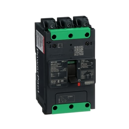 Schneider Electric BDL36125LU Square D by Schneider Electric BDL36125LU is a Moulded Case Circuit Breaker (MCCB) within the PowerPacT BDL sub-range, featuring a PowerPact B-Frame design. This MCCB is rated for 125A with a 600Vac 600Y/347Vac rated voltage and an 8 kV rated impulse voltage (Uimp). It employs Everlink (Creep compensating) lugs for both line and load sides, plus a Control Wire terminal (CWT) on the line side only, offering an IP40 degree of protection. The BDL36125LU is designed for fixed mounting on a DIN rail or as an individual unit mount on a plate, with a 3-pole (3P) configuration. It has a net height of 137 mm, a depth of 80 mm, and a width of 81 mm. This MCCB is categorized under Utilisation Category A and features over-current protection fixed at 125A, short-circuit hold current protection fixed at 1000A, and short-circuit trip current protection fixed at 1500A. It also provides thermal protection against overload and magnetic protection against short-circuits, with a trip current rating of 125 AT. The BDL36125LU has a mechanical durability of 20,000 operations at no load and an electrical durability of 10,000 operations with load (440Vac; In). Its frame current rating is 125 AF, and it operates via a toggle (manual) mechanism. The short circuit breaking rating varies by voltage: 25kA at 240Vac, 18kA at 480Vac and 480Y/277Vac, 14kA at 600Y/347Vac, and 10kA at 250Vdc, all in accordance with UL489. The trip unit employs a fixed thermal-magnetic technology without a display. BDL36125LU on Powermatic Associates