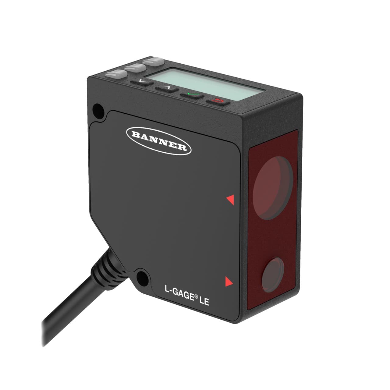 Banner LE550IC1 W/30 Banner Engineering LE550IC1 W/30 is a Class 1 laser displacement sensor/transmitter belonging to the LE series. It features a triangulation system with an LCD display and TEACH mode for easy setup. The sensor emits a visible class 1 red laser with a wavelength of 650 nm for displacement measurement. It is designed with a rectangular shape and constructed from a die-cast zinc alloy housing with an acrylic window. This model is pre-wired with a 30ft / 9m cable terminated with bare end flying leads for connectivity. It offers protection against overload and short-circuit issues. The sensor operates on a supply voltage of 12Vdc to 30Vdc, with 24Vdc as the nominal voltage. It can function within an ambient air temperature range of -20 to +55 °C. The LE550IC1 W/30 is equipped with one analog output (4-20mA) and one digital output (PNP/NPN transistor), supporting a sensing distance from 10cm to 1m. It is rated with a degree of protection of IP67 and NEMA 6, indicating a high level of protection against dust and water ingress. LE550IC1 W/30 on Powermatic Associates