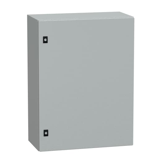 Schneider Electric NSYCRN86300 Schneider Electric NSYCRN86300 is an enclosure designed for wall-mounting, featuring a plain door and belonging to the CRN sub-range. This compact universal enclosure is equipped with wall fixing capabilities through 4 holes, which are sealed with plastic plugs to ensure an IP66 and NEMA 4 degree of protection. Constructed from steel and coated with epoxy-polyester painting, it measures 800 mm in height, 600 mm in width, and 300 mm in depth. The enclosure is finished in grey (RAL 7035) and utilizes a 3 mm double-bar lock type for securing the door. NSYCRN86300 on Powermatic Associates