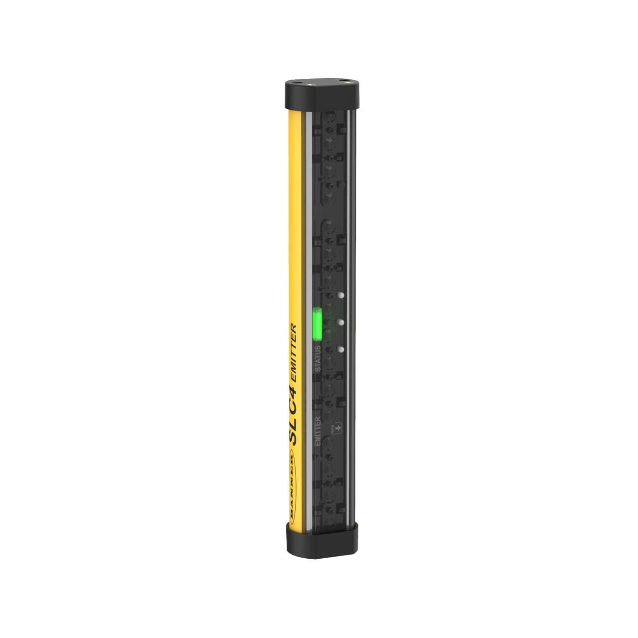 Banner SLC4E24-160P4 Banner Engineering SLC4E24-160P4 is a safety light curtain designed for hand detection with a protective height of 160mm and a resolution of 24mm. It features a polycarbonate housing and end cap in yellow, ensuring visibility. This part is pre-wired with a 300mm pigtail that terminates with a 4-pin Euro-style M12 connector for easy installation. It operates on a 24Vdc supply voltage and can function within an ambient air temperature range of -20 to +55°C. The SLC4E24-160P4 offers a degree of protection rated at IP65, making it suitable for various industrial environments. It has a net width of 27mm, a height of 174mm, and a depth of 23mm. The light curtain emits infrared light with a wavelength of 860nm and has a sensing distance ranging from 10cm to 2m. It is equipped with 2 digital outputs (24Vdc; 300mA; sourcing; redundant OSSD solid-state outputs) and features a 24mm beam spacing/pitch. SLC4E24-160P4 on Powermatic Associates