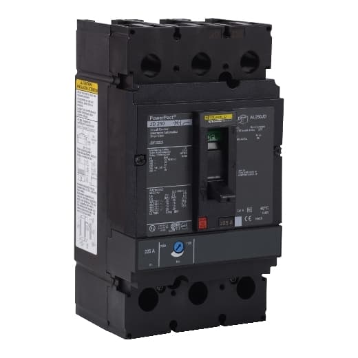 Schneider Electric JDF36225 Square D by Schneider Electric JDF36225 is a Moulded Case Circuit Breaker (MCCB) within the PowerPacT JDF sub-range, featuring a PowerPact J-Frame 250 TMD 3P 225A 600Vac 14kA busbar that is 80% rated. It includes a Term. nut kit for fixed busbar connection on both line and load sides and is designed with three poles (3P). This MCCB offers thermal protection for overload scenarios and magnetic protection for short-circuit conditions. It has a rated current of 225A, a rated insulation voltage (Ui) of 750 V, and operates at a rated voltage (AC) of 600Vac 600Y/347Vac. The unit is designed for individual mounting on a plate, with dimensions of 191 mm in height, 105 mm in width, and 127 mm in depth. It also features a degree of protection of IP40 and operates via a toggle (manual) mechanism. The protection settings include an over-current fixed at 225A and a short-circuit pickup current adjustable between 1125A and 2250A. Its rated operating voltage (Ue) is 690 V, with a rated impulse voltage (Uimp) of 8 kV. The trip current rating is 225 AT, with a frame current rating of 250 AF. The short circuit breaking rating varies with voltage, including 25kA at 240Vac, 18kA at 480Vac and 480Y/277Vac, 14kA at 600Vac and 600Y/347Vac, and 20kA at 250Vdc, all under UL489 standards. The trip unit type is thermal-magnetic (adjustable) without a display, and it falls under utilisation category A. JDF36225 on Powermatic Associates