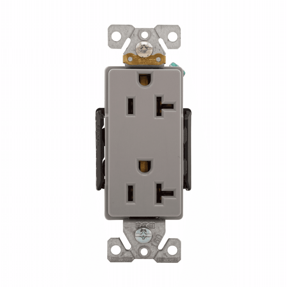 Eaton 6362GY 6362GY Eaton - Eaton Arrow Hart extra heavy-duty industrial specification grade decorator duplex receptacle, #14-10 AWG, 20A, Industrial, Flush, 125V, Back and side, Gray, Brass, Glass filled Nylon, 5-20R, Duplex, Screw, Glass-filled nylon, Core pack 6362GY on Powermatic Associates