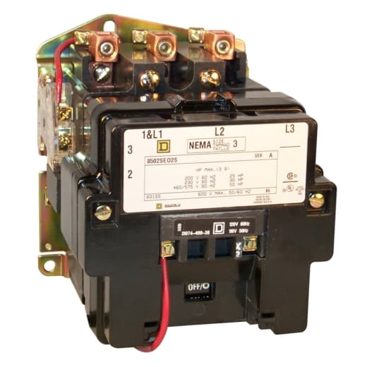 Schneider Electric 8502SEO3V02S NEMA Contactor, Type S, nonreversing, Size 3, 90A, 50 HP at 575 VAC, 3 phase, up to 100 kA, 4 pole, 120 VAC coil, open 8502SEO3V02S on Powermatic Associates