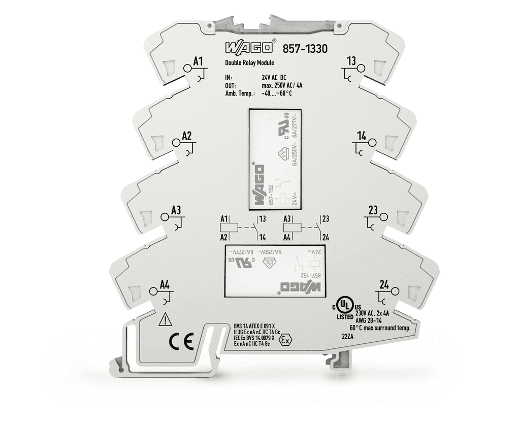 WAGO 857-1330 857-1330 WAGO - Relay module; 2-port; Nominal input voltage: 24 V AC/DC; 1 make contact; Limiting continuous current: 4 A; Yellow status indicator; Module width: 6 mm; 2,50 mm² 857-1330 on Powermatic Associates