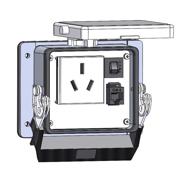 Mencom DCH2-RJ45-R-32 Panel Interface Connector with China 16amp outlet, RJ45, and 3amp reset, in a 32 housing DCH2-RJ45-R-32 on Powermatic Associates