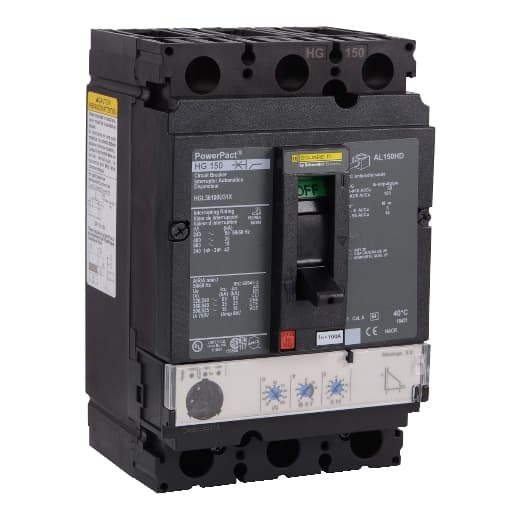 Schneider Electric HGL36100U31X Square D by Schneider Electric HGL36100U31X is a Moulded Case Circuit Breaker (MCCB) within the PowerPacT HGL sub-range, featuring a PowerPact H-Frame 150 Micrologic 3.2 (LI) design. It is a 3-pole (3P) device with a rated current of 100A and offers both long-time (L) and instantaneous (I) protection functions. This MCCB is designed for individual unit mount on plate, with lugs on both load and line sides for connection. It has a rated insulation voltage (Ui) of 750 V, an AC rated voltage of 600Vac 600Y/347Vac, and a DC rated voltage of 500Vdc. The device's net dimensions are 163 mm in height, 104 mm in width, and 86 mm in depth, with a degree of protection of IP40. It operates manually via a toggle and offers protection settings adjustable for overload (0.35...1 x In or 35A...100A) and short-circuit (1.5...15 x In or 150A...1500A). The rated operating voltage (Ue) is 690 V, with a rated impulse voltage (Uimp) of 8 kV. The trip current rating is 100 AT, with a frame current rating of 150 AF. Its short circuit breaking rating varies by voltage, including 65kA at 240Vac, 35kA at 480Vac and 480Y/277Vac, 18kA at 600Vac and 600Y/347Vac, and 20kA at both 250Vdc and 500Vdc, all according to UL489 standards. The trip unit type is an electronic Micrologic Standard 3.2 (LI) with no display, and it falls under utilisation category A. HGL36100U31X on Powermatic Associates