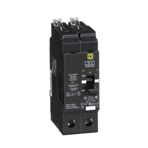 Schneider Electric EDB24030 Square D by Schneider Electric EDB24030 is a Miniature Circuit Breaker (MCB) designed for bolt-on mounting with a visual trip indicator. It features lugs type terminals and operates at a rated voltage of 480 V AC. This MCB is equipped with short-circuit and overload protection functions, serving as both an Equipment Protection Device (EPD) and a Circuit Breaker (CB) with a breaking capacity code D. It offers an aluminium lugs connection and supports a rated current of 30A across 2 poles. The EDB24030 accommodates a cross-section of 14-6AWG for one copper cable and has a short circuit breaking rating of 25kA at 120Vac and 240Vac, and 18kA at 480Y/277Vac. Its thermal-magnetic trip unit has a protection setting with a trip unit rating of 875A. EDB24030 on Powermatic Associates