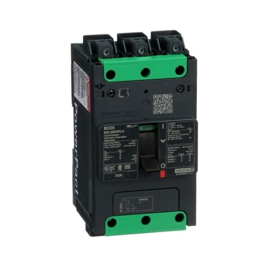 Schneider Electric BDL36020LU Square D by Schneider Electric BDL36020LU is a Moulded Case Circuit Breaker (MCCB) within the PowerPacT BDL sub-range, featuring a PowerPact B-Frame 100 TMD 3P 20A design for 600Y/347Vac with a 14kA breaking capacity and Everlink (Creep compensating) lugs on both line and load sides, plus a Control Wire terminal (CWT) on the line side only. It has a rated impulse voltage (Uimp) of 8 kV and offers an IP40 degree of protection. The rated current is 20A, with a rated voltage (AC) of 600Vac 600Y/347Vac. It is designed for 20,000 operations at no load for mechanical durability and can be mounted on a DIN rail or as an individual unit on a plate. This 3-pole (3P) circuit breaker has dimensions of 137 mm in height, 80 mm in depth, and 81 mm in width. It falls under utilisation category A and features over-current protection fixed at 20A, short-circuit hold current fixed at 400A, and short-circuit trip current fixed at 600A. The rated voltage (DC) is 250Vdc, with a rated insulation voltage (Ui) of 800 V and a rated operating voltage (Ue) of 525 V. It provides thermal protection for overload and magnetic protection for short-circuits, with a trip current rating of 20 AT and an electrical durability of 10,000 operations at 440Vac with load. The frame current rating is 100 AF, operated by a toggle (manual) with a short circuit breaking rating of 25kA at 240Vac, 18kA at 480Vac, 18kA at 480Y/277Vac, 14kA at 600Y/347Vac, and 10kA at 250Vdc, according to UL489 standards. The trip unit type is thermal-magnetic (fixed) without a display. BDL36020LU on Powermatic Associates