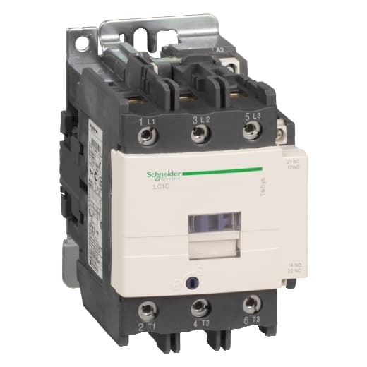 Schneider Electric LC1D95R7 Schneider Electric LC1D95R7 is a magnetic contactor from the Deca sub-range, featuring screw connections and three poles (3P; 3NO). It has a rated current of 125A (AC-1) and 95A (440Vac; AC-3), with a mounting mode designed for DIN rail installation. The net width of the contactor is 85 mm, and it offers a degree of protection rated at IP20. The control voltage (AC) ranges from 352-484Vac (440Vac nom.; 50Hz; 0.8...1.1 x Uc) to 374-484Vac (440Vac nom.; 60Hz; 0.85...1.1 x Uc), with a rated operating voltage (Ue) of 1000 V. It includes 1 Normally Open (NO) auxiliary contact and 1 Normally Closed (NC) auxiliary contact, both of the instantaneous type (1NO+1NC). The rated impulse voltage (Uimp) is 8 kV. Its rated active power (kW) spans from 25kW at 220-230Vac (AC-3) up to 55kW at 500Vac (AC-3), and the rated power (HP) ranges from 7.5HP at 115Vac (single-phase) to 60HP at 575-600Vac (3-phase), according to UL/CSA standards. The mechanical durability of the LC1D95R7 is 4,000,000 operations, and its electrical durability (with load) is 1,200,000 operations. The rated voltage (AC) for phase-to-phase connections is 1000 V. LC1D95R7 on Powermatic Associates