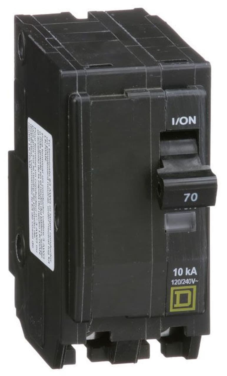 Schneider Electric QO270 Square D by Schneider Electric QO270 is a Miniature Circuit Breaker (MCB) designed for plug-in mounting. It features a rated current of 70A and accommodates a plug-in connection type. This MCB is compatible with a rated voltage of 48Vdc and 120V/240V AC, supporting a cross-section of 8-2AWG (1 cable Al/Cu). It is a 2 Pole circuit breaker with a short circuit breaking rating of 10kA at 240Vac and 5kA at 48Vdc. The QO270 is equipped with box lugs type of terminals. QO270 on Powermatic Associates