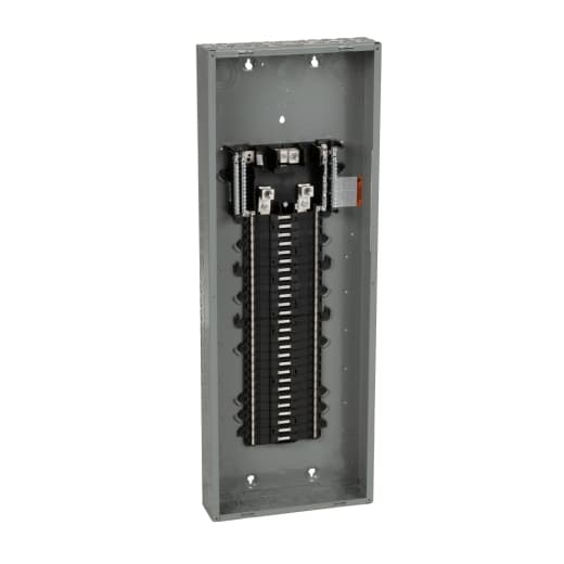 Schneider Electric QO154L225PG Square D by Schneider Electric QO154L225PG is a load center designed for single-phase (1PH-3W) networks, with a rated current of 225A and a rated voltage of 120Vac/240Vac. It features a plug-on-neutral (PoN) design compatible with QOM1 frame size and offers 54 spaces for single pole circuits. The connection type is through lugs, accommodating cross-sections from 6AWG to 300kcmil for both aluminium and copper lugs. This load center is housed in a welded sheet steel enclosure, ensuring protection with a NEMA 1 degree of protection. The dimensions of the unit are H1000mm x W362mm (H39.37" x W14.25"), and it has a short circuit breaking rating of 65kA. The busbar is made from tin-plated copper, enhancing its conductivity and performance. QO154L225PG on Powermatic Associates
