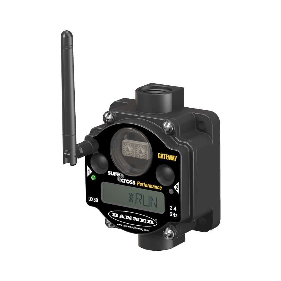 Banner DX80G2M6S-PM8 PM Series Gateway - LCD Selectable I/O Mapping; 2.4 GHz IP67, NEMA 6; Inputs: Six Sourcing/PNP Discrete; Outputs: Six Sourcing/PNP Discrete DX80G2M6S-PM8 on Powermatic Associates