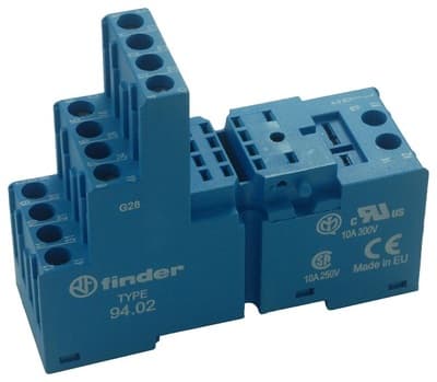 Finder 94.02SPA Finder 94.02SPA is a socket designed for DIN rail or panel mounting, featuring a box-clamp connection type. It supports a rated current of 10A and has a protection rating of IP20. The control voltage is compatible with AC systems, adhering to EN61984 standards for output voltage (DC). The power consumption indicator is blue. 94.02SPA on Powermatic Associates