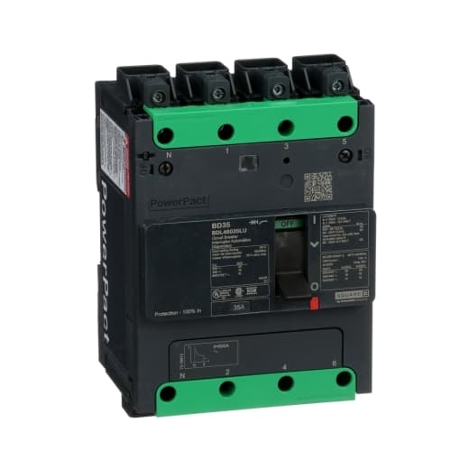 Schneider Electric BDL46035LU Square D by Schneider Electric BDL46035LU is a Moulded Case Circuit Breaker (MCCB) within the PowerPacT BDL sub-range, featuring a PowerPact B-Frame 100 TMD 4P 35A design for 600Y/347Vac with a 14kA breaking capacity and Everlink (Creep compensating) lugs on both line and load sides, plus a Control Wire terminal (CWT) on the line side only. It has a rated impulse voltage (Uimp) of 8 kV, an IP40 degree of protection, and a rated current of 35A. The device operates at a rated voltage of 600Vac 600Y/347Vac, with mechanical durability of 20,000 operations and can be mounted on a DIN rail or as an individual unit on a plate. It features 4 poles (4P), with dimensions of 137 mm in height, 80 mm in depth, and 108 mm in width. The utilisation category is A, and it offers protection settings including over-current fixed at 35A, short-circuit hold current fixed at 400A, and short-circuit trip current fixed at 600A. The rated voltage for DC applications is 250Vdc, with a rated insulation voltage (Ui) of 800 V and a rated operating voltage (Ue) of 525 V. Protection functions include thermal protection for overload and magnetic protection for short-circuits, with a trip current rating of 35 AT and an electrical durability of 10,000 operations at 440Vac. The frame current rating is 100 AF, with a toggle (manual) operating mode and a short circuit breaking rating of 25kA at 240Vac, 18kA at 480Vac, 18kA at 480Y/277Vac, 14kA at 600Y/347Vac, and 10kA at 250Vdc, according to UL489 standards. The trip unit type is thermal-magnetic (fixed) with no display. BDL46035LU on Powermatic Associates