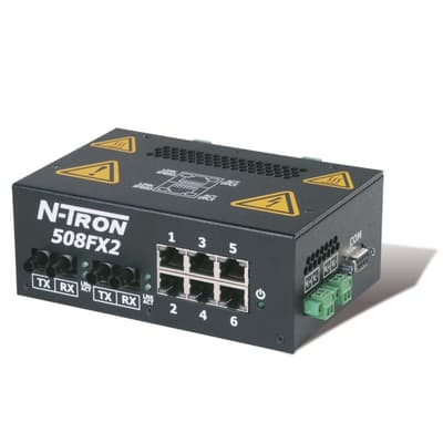 Red Lion 508FXE2-A-SC-15 Red Lion 508FXE2-A-SC-15 is an Ethernet Switch designed for industrial process control with monitored Ethernet switch capabilities. It features IGMP Auto Configuration, VLAN, QoS, Trunking or Link aggregation, Port Mirroring, and N-View Remote Monitoring Technology. This switch operates on a supply voltage of 10-30Vdc, including redundant power inputs of 12Vdc and 24Vdc. It is equipped with 6 RJ45 ports supporting 10/100BaseTX and 2 Fiber optic SC connectors for single-mode with a 100BaseFX rated current and a 15km rated optical fiber length. The switch utilizes advanced management firmware, is designed for DIN rail mounting, and is encased in a metallic body. It can withstand an ambient air temperature range for storage of -40 to +85 degrees Celsius. The technology used in this component is specified for Ethernet speed, and it is part of the N-Tron 500-A series, featuring 8 ports. 508FXE2-A-SC-15 on Powermatic Associates