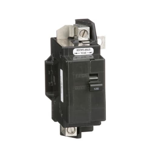 Schneider Electric QOM125VH Square D by Schneider Electric QOM125VH is a Miniature Circuit Breaker (MCB) designed for primary or main circuit protection. It features a bolt-on mounting mode and a bolt-on connection type, ensuring secure installation. This MCB is rated for a current of 125A and can accommodate a voltage range of 120V to 240V AC. It is compatible with wire sizes from 4AWG to 300kcmil for one aluminum or copper cable, facilitated by lug-type terminals. The QOM125VH is a 2-pole circuit breaker with a short circuit breaking rating of 22kA at 240Vac, making it suitable for a variety of electrical protection applications. QOM125VH on Powermatic Associates