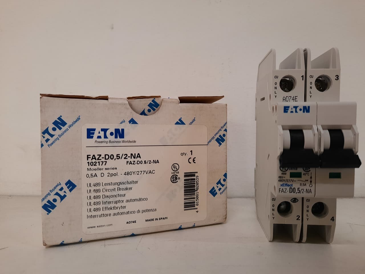 Eaton FAZ-D0.5/2-NA 277/480 VAC 50/60 Hz, 0.5 A, 2-Pole, 10/14 kA, 10 to 20 x Rated Current, Screw Terminal, DIN Rail Mount, Standard Packaging, D-Curve, Current Limiting, Thermal Magnetic FAZ-D0.5/2-NA on Powermatic Associates