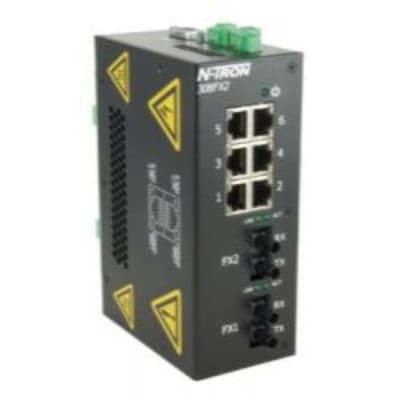 Red Lion 308FXE2-ST-40 Red Lion 308FXE2-ST-40 is an industrial Ethernet switch designed for robust networking applications. It operates on a supply voltage of 10-30Vdc, including redundant power inputs to ensure continuous operation. This model features 6 RJ45 ports supporting 10/100BaseTX and 2 fiber optic ST connectors for single-mode fibers, with a length rating of 40km for optical fiber connections. It is designed to withstand ambient air temperatures for storage ranging from -40 to +70 degrees Celsius. The 308FXE2-ST-40 is housed in a metallic case, adheres to an IP20 rating for protection against objects larger than 12.5mm but not against water, and is suitable for DIN rail mounting. This 8-port Ethernet switch is part of the N-Tron 300 series, indicating its alignment with specific industrial networking needs. 308FXE2-ST-40 on Powermatic Associates