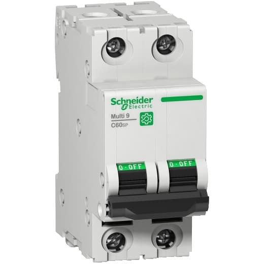 Schneider Electric M9F23220 Schneider Electric M9F23220 is a Miniature Circuit Breaker (MCB) within the C60SP sub-range, designed with a 2 Pole configuration and a rated current of 20A. It features a rated insulation voltage (Ui) of 500 V and a rated impulse voltage (Uimp) of 6 kV. The M9F23220 offers a short circuit breaking rating of 14kA AIR at 240Vac, 10kA AIR at 480Y/277Vac, and 10kA AIR at 125Vdc, with both poles protected. It operates with a D tripping curve and is compliant with UL1077 standards. M9F23220 on Powermatic Associates