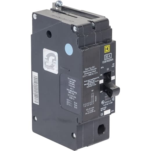 Schneider Electric EGB14020SA Square D by Schneider Electric EGB14020SA is a Miniature Circuit Breaker (MCB) designed for bolt-on mounting with a visual trip indicator. It features lugs type terminals and operates at a rated voltage of 277 V AC. This MCB is equipped with protection functions against short-circuit and overload conditions. It serves as an Equipment Protection Device (EPD) and Circuit Breaker (CB) with a shunt trip coil, having a breaking capacity code G. The connection is facilitated through aluminium lugs, suitable for a rated current of 20A and supports a single pole configuration. The cross-section compatibility is 14-6AWG for one copper cable. It has a short circuit breaking rating of 65kA at 120Vac, 35kA at 240Vac, and 35kA at 277Vac. The trip unit is of the thermal-magnetic type with protection settings featuring a trip unit rating of 875A. EGB14020SA on Powermatic Associates