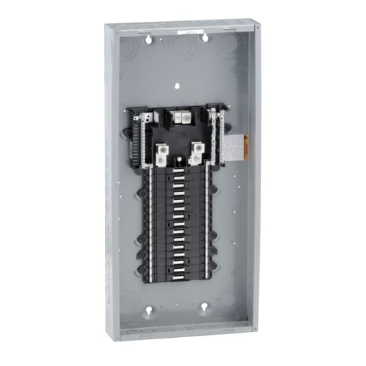 Schneider Electric QO130L200PG Square D by Schneider Electric QO130L200PG is a load center designed for single-phase (1PH-3W) networks, with a rated voltage of 120Vac/240Vac and a rated current of 200A. It features a QOM1 frame size and supports Plug-on-Neutral (PoN) connections. The load center offers 30 spaces for single pole circuits, accommodating cross-sections from 6AWG to 250kcmil for both aluminium and copper lugs. Its connection type is lugs, and it has a short circuit breaking rating of 65kA. The QO130L200PG is housed in a welded sheet steel enclosure with a NEMA 1 degree of protection and includes a tin-plated copper busbar. The dimensions of the load center are H758mm x W362mm (H29.84" x W14.25"). QO130L200PG on Powermatic Associates