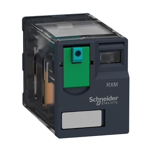 Schneider Electric RXM4AB1MD Schneider Electric RXM4AB1MD is a miniature plug-in relay within the RXM sub-range, designed with 4C/O - 4PDT (4 Pole Double Throw) contacts made from an Ag/Ni - Silver - Nickel alloy. It operates with a control voltage of 220 Vdc and is rated for a current of 6 A at both 250Vac (AC-1) and 28Vac (DC-1). The relay offers a plug-in mounting mode and can function within an ambient air temperature range of -40 to +55 °C. It has an IP40 degree of protection and a current consumption of 0.004 A, with a power consumption of 0.9 W. The electrical durability of the RXM4AB1MD, when used with a resistive load, is rated for 100,000 operations, and its mechanical durability, at no load, reaches up to 10,000,000 operations. Additionally, it features a Lockable Test Button (LTB) for latching. RXM4AB1MD on Powermatic Associates