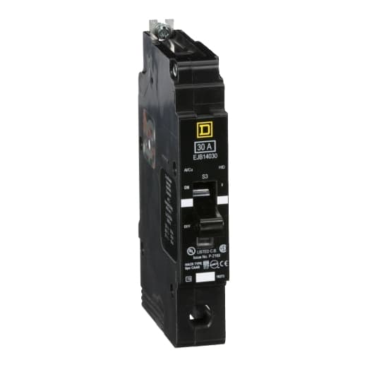 Schneider Electric EJB14030 Square D by Schneider Electric EJB14030 is a Miniature Circuit Breaker (MCB) designed for bolt-on mounting with a visual trip indicator. It features lugs type terminals and an aluminium lugs connection. This MCB operates at a rated voltage of 277 V AC, with a rated current of 30A and is suitable for a single pole configuration. It accommodates a wire cross-section of 14-6AWG for one copper cable. The EJB14030 offers protection functions against short-circuit and overload conditions, serving as both an Equipment Protection Device (EPD) and a Circuit Breaker (CB) with a breaking capacity code J. It has a short circuit breaking rating of 100kA at 120Vac, 65kA at 240Vac, and 65kA at 277Vac. The thermal-magnetic trip unit has a protection setting with a trip unit rating of 875A. EJB14030 on Powermatic Associates