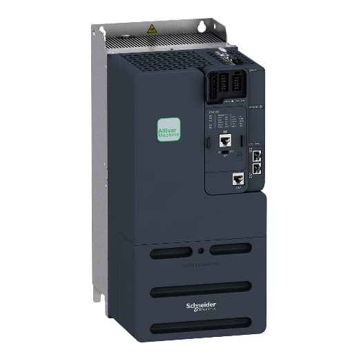 Schneider Electric ATV340D11N4E Schneider Electric ATV340D11N4E is a Variable Speed/Frequency Drive (VSD/VFD) / Inverter from the Altivar Machine 340 series. It features Safe Torque Off up to SIL3 / PLe with dual input, 5 points U/F, sensorless voltage vector control, current vector control with sensor, and Master/Slave daisy chain through PTO/PTI for MachineStruxure integration in SoMachine. It operates in velocity mode and torque control, offering 220% Tn in open or closed loop control, dynamic motor control performance (up to 400Hz speed bandwidth), and cyclic application task (1ms) with an energy-saving mode. The design includes a built-in EMC filter (class C3) and a built-in heatsink. It operates on a supply voltage of 323-528Vac (380Vac / 400Vac / 480Vac / 500Vac nom.), with dimensions of H385mm x W180mm x D249mm and an IP20 degree of protection. The rated current is 32A (normal-duty; 4kHz), 24A (heavy-duty; 4kHz), with a maximum current of 43A (normal-duty; for 2s), 43A (heavy-duty; for 2s), and 35.2A (normal-duty; for 60s), 36A (heavy-duty; for 60s). It supports cabinet mounting, Ethernet/IP, Modbus TCP communication protocols, operates on a 3-phase network with an output frequency of 1-599 Hz, and includes 1 x analog output, 5 x digital inputs, 2 x digital outputs programmable as inputs or outputs, 1 x digital output (C/O SPDT relay contact), 1 x digital output (NO relay contact), and 2 x analog inputs. The current consumption is 34A (380Vac; normal-duty), 27.3A (480Vac; normal-duty), 34.7A (380Vac; heavy-duty), 27.7A (480Vac; heavy-duty), with a rated active power of 15kW (normal-duty), 11kW (heavy-duty), and rated power of 20HP (normal-duty), 15HP (heavy-duty). ATV340D11N4E on Powermatic Associates