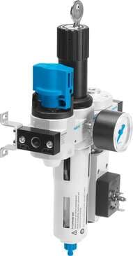 Festo 195060 service unit LFRS-3/8-D-MIDI-KF With lockable regulator head and pressure gauge, for nominal pressure 12 bar, for unlubricated compressed air. Size: Midi, Series: D, Actuator lock: Rotary knob with integrated lock, Assembly position: Vertical +/- 5°, Grad 195060 on Powermatic Associates