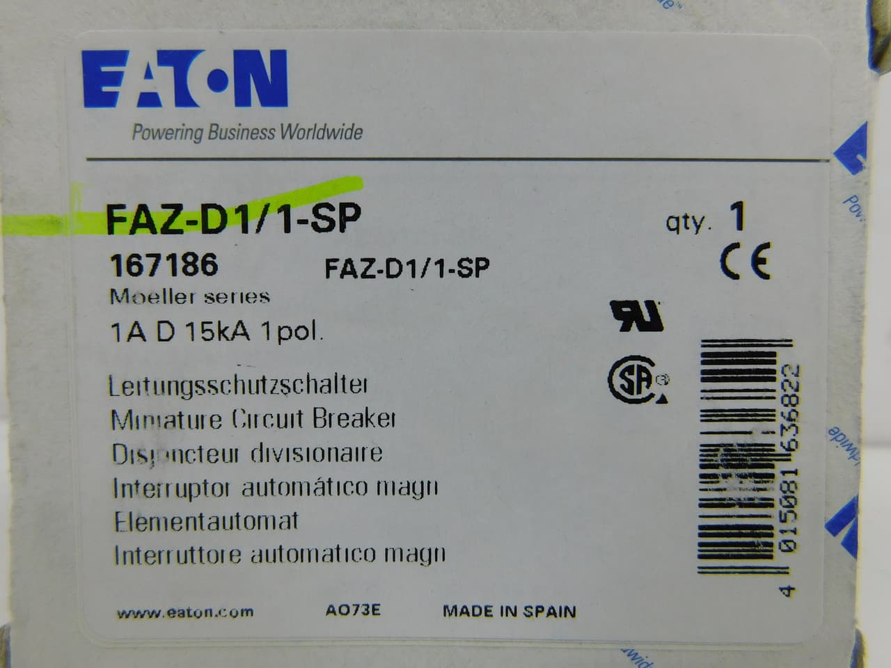 Eaton FAZ-D1/1-SP Eaton FAZ supplementary protector,UL 1077 Industrial miniature circuit breaker-supplementary protector,Single package,High levels of inrush current are expected,1 A,15 kAIC,Single-pole,277 V,10-20X/n,Q38,50-60 Hz,Standard terminals,D Curve FAZ-D1/1-SP on Powermatic Associates