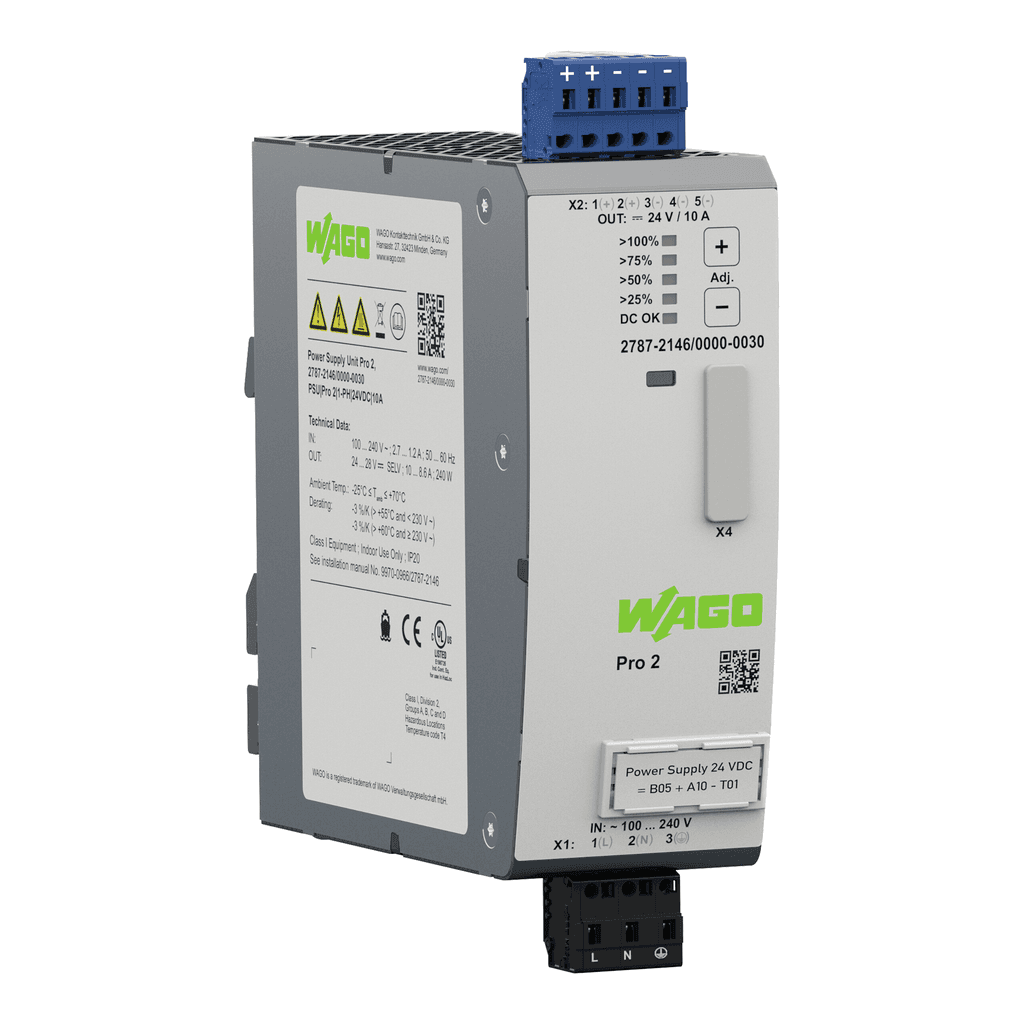 WAGO 2787-2146/000-030 2787-2146/000-030 WAGO - Power supply; Pro 2; 1-phase; 24 VDC output voltage; 10 A output current; TopBoost + PowerBoost; communication capability 2787-2146/000-030 on Powermatic Associates