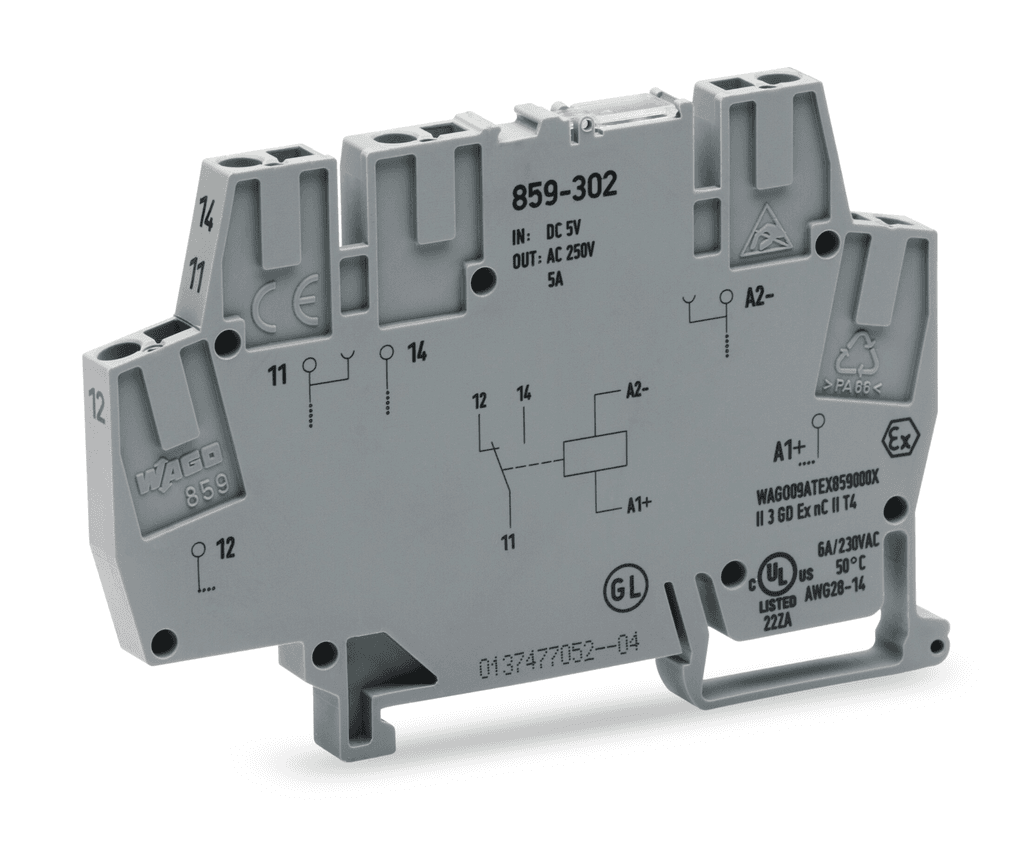WAGO 859-304 859-304 WAGO - Relay module; Nominal input voltage: 24 VDC; 1 changeover contact; Red status indicator; Module width: 6 mm; 2,50 mm²; gray 859-304 on Powermatic Associates