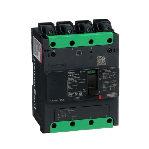 Schneider Electric BDL46100LU Square D by Schneider Electric BDL46100LU is a Moulded Case Circuit Breaker (MCCB) within the PowerPacT BDL sub-range, featuring a PowerPact B-Frame 100 TMD 4P 100A design for 600Y/347Vac with a 14kA short circuit breaking rating and Everlink (Creep compensating) lugs on both line and load sides, plus a Control Wire terminal (CWT) on the line side only. It has a rated impulse voltage (Uimp) of 8 kV, an IP40 degree of protection, and a rated current of 100A. The device operates at a rated voltage of 600Vac 600Y/347Vac, with a mechanical durability of 20,000 operations and can be mounted either on a DIN rail or as an individual unit on a plate. It features 4 poles (4P), with dimensions of 137 mm in height, 80 mm in depth, and 108 mm in width. The MCCB is categorized under Utilisation category A, with protection settings including over-current fixed at 100A, short-circuit hold current fixed at 1000A, and short-circuit trip current fixed at 1500A. It also offers thermal and magnetic protection functions, with a trip current rating of 100 AT and an electrical durability of 10,000 operations at 440Vac. The frame current rating is 100 AF, and it operates via a toggle (manual) mode. The trip unit type is Thermal-Magnetic (fixed) without a display. BDL46100LU on Powermatic Associates