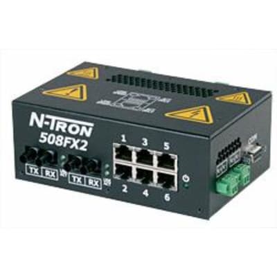 Red Lion 508FXE2-A-ST-40 Red Lion 508FXE2-A-ST-40 is an Ethernet switch designed for industrial process control with monitored Ethernet switch capabilities. It features IGMP Auto Configuration, VLAN, QoS, Trunking or Link aggregation, Port Mirroring, and N-View Remote Monitoring Technology. This switch operates on a supply voltage of 10-30Vdc, with redundant power inputs, and includes 6 RJ45 ports (10/100BaseTX) and 2 Fiber optic ST connectors (single-mode) supporting a 100BaseFX rated current and a 40km rated optical fiber length. The device is equipped with advanced management firmware, designed for operation within an ambient air temperature range of -40 to +85 degrees Celsius. It utilizes DIN rail technology for mounting, has a metallic case, and is classified under the N-Tron 500-A series with an 8-port configuration. 508FXE2-A-ST-40 on Powermatic Associates