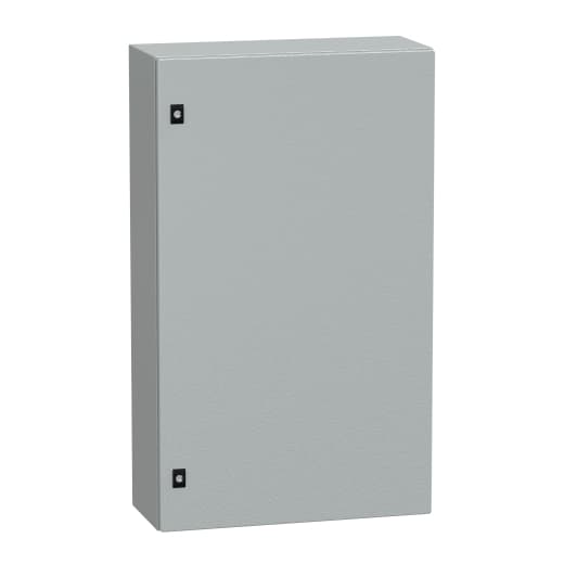 Schneider Electric NSYCRN106250 Schneider Electric NSYCRN106250 is a wall-mounted empty compact universal enclosure with a plain door, designed for wall fixing through 4 holes sealed with plastic plugs to ensure an IP66 and NEMA 4 degree of protection. This enclosure, part of the CRN sub-range, measures 1000 mm in height, 600 mm in width, and 250 mm in depth. It is constructed from steel and coated with epoxy-polyester paint in grey (RAL 7035), offering durability and resistance to environmental conditions. The enclosure features a 3 mm double-bar lock type for secure closure. NSYCRN106250 on Powermatic Associates