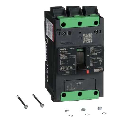 Schneider Electric BDL36100 Square D by Schneider Electric BDL36100 is a Moulded Case Circuit Breaker (MCCB) within the PowerPacT BDL sub-range, featuring a PowerPact B-Frame 100 TMD 3P 100A design for 600Y/347Vac with a 14kA short circuit breaking rating and Everlink (Creep compensating) lugs on both line and load sides. It has a rated impulse voltage (Uimp) of 8 kV, an IP40 degree of protection, and a rated current of 100A. This MCCB is designed for fixed mounting on DIN rails or as an individual unit mount on plates, with three poles (3P) and dimensions of 137 mm in height, 80 mm in depth, and 81 mm in width. It operates within a utilisation category A, with a rated insulation voltage (Ui) of 800 V, a rated operating voltage (Ue) of 525 V, and offers thermal and magnetic protection functions. The trip current rating is 100 AT, with a frame current rating of 100 AF, and it operates via a toggle (manual) mode. Its electrical durability with load is rated for 10,000 operations at 440Vac; In, and it has a mechanical durability of 20,000 operations at no load. The protection settings include over-current fixed at 100A, short-circuit hold current fixed at 1000A, and short-circuit trip current fixed at 1500A, with a trip unit type that is Thermal-Magnetic (fixed) without a display. BDL36100 on Powermatic Associates